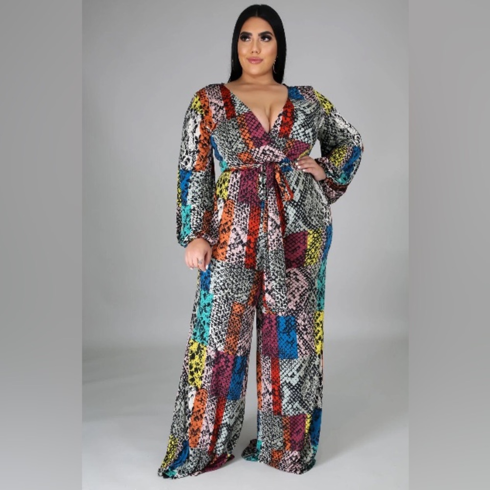 Red and Pink Wrap-Style Jumpsuit with Tie Waist